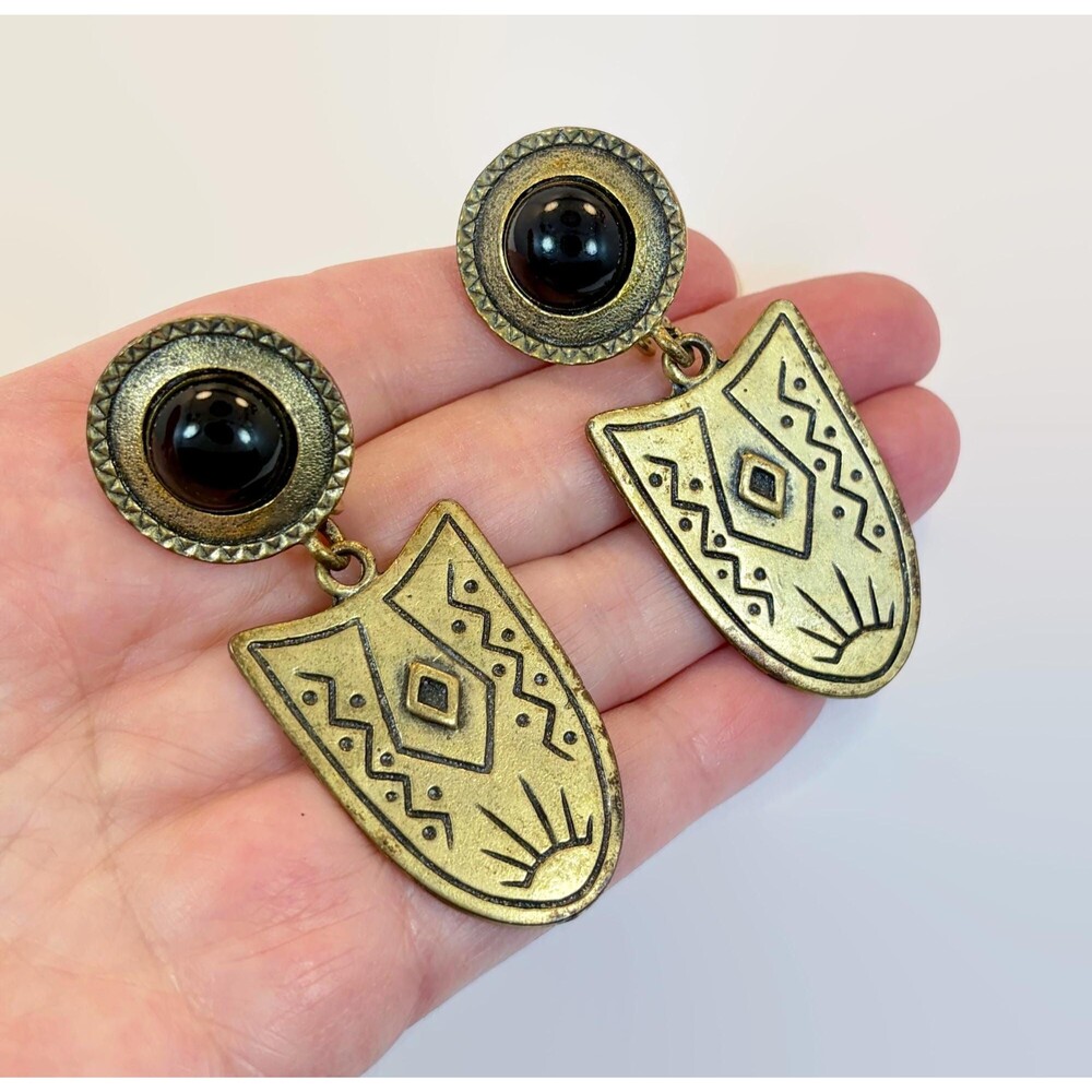 Vintage 80s Earrings, Southwestern, Statement, Gold Tone, Clip Earrings